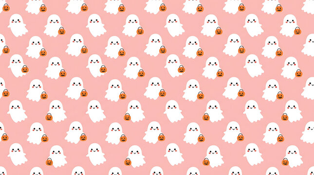 Seamless pattern of cute little white ghosts on a pink background with halloween