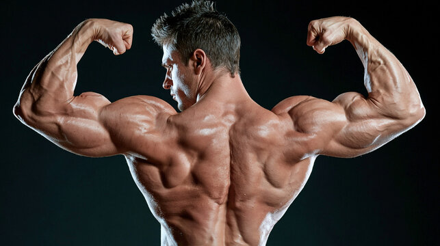 Backstage Pose: A muscular bodybuilder showcases his powerful back and bicep definition in a dramatic backstage pose, highlighting years of dedication and training.