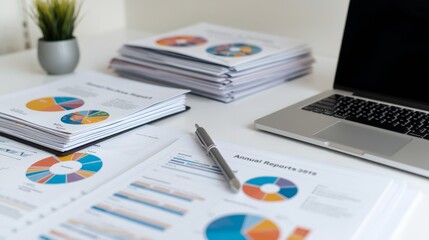 Obraz premium Professional Workspace with Financial Annual Reports, Data Analysis Charts, Laptop and Pen on Desk