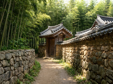 대나무 숲을 지나는 한옥 돌담 길