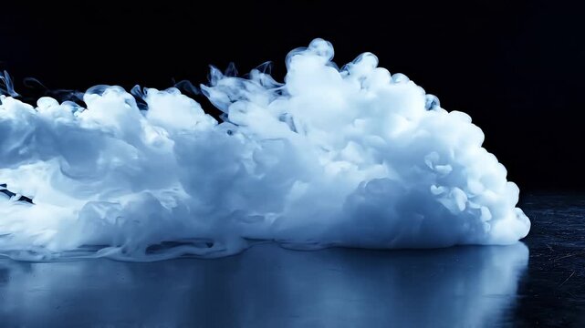 Dense blue tinted smoke rolling across dark surface on black background