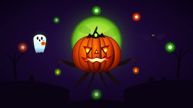 Halloween pumpkin lantern character with spooky ghost and glowing moon background for holiday festival celebration
