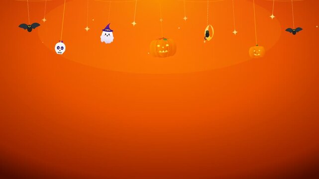 Halloween background featuring hanging spooky characters ghost pumpkin skull and bat on orange gradient backdrop