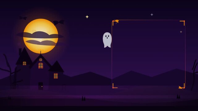 Halloween haunted house background featuring spooky ghost moon and frame copy space for holiday design