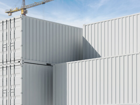 Stacked shipping containers mockup with construction crane and bright sky