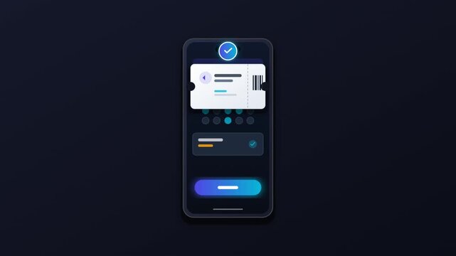 Digital ticket booking app interface on smartphone screen showing boarding pass with barcode animation