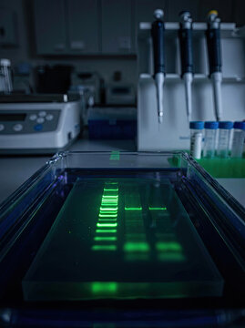 Agarose gel electrophoresis setup with glowing bands laboratory environment, showcasing