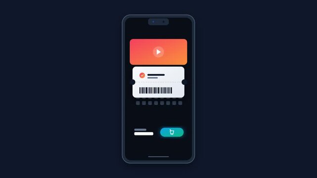 Mobile App Interface Design Showing Digital Ticket Barcode and Shopping Cart Icon on Smartphone Screen