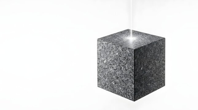Laser beam hitting a textured stone cube on a white background for technology concept.