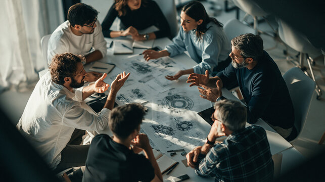 Strategic Planning Session: A group of diverse professionals collaborates around a table, engrossed in discussion over blueprints and design documents.