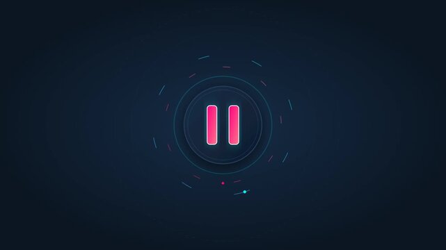 Glowing pink pause button icon glowing with digital interface rings against a dark background