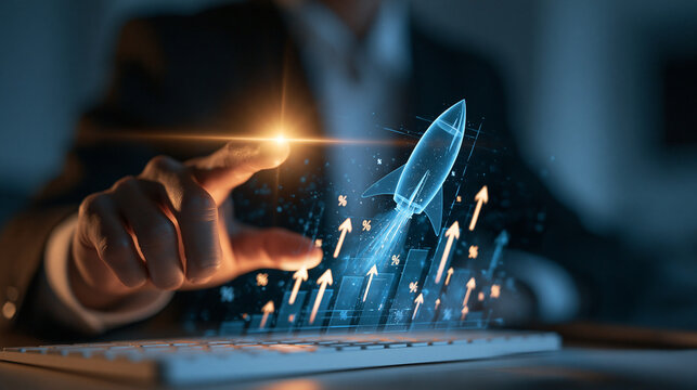 Igniting Innovation: A businessman's hand reaches out, igniting a rocket ship symbolizing a new venture's ascent, with rising chart arrows indicating exponential growth and success.