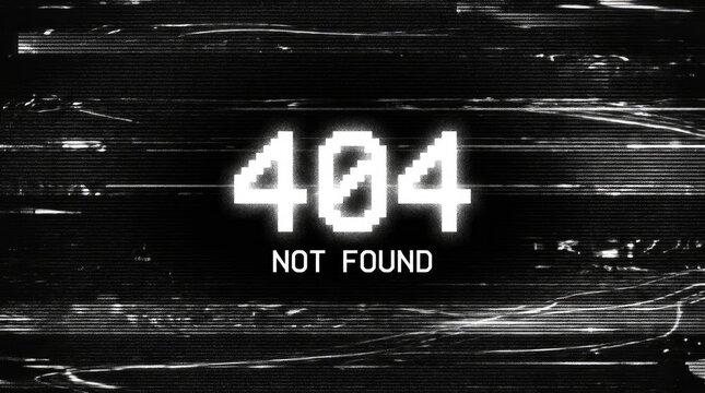 Digital 404 error page displayed with heavy static noise on a black and white screen background