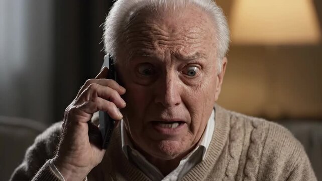 Elderly man shock phone call senior fear home living room worried face expression under warm lamp light emotional surprise anxiety bad news worry