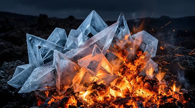 Large ice crystals melting in a bright fire, conceptual contrast of fire and ice elements.