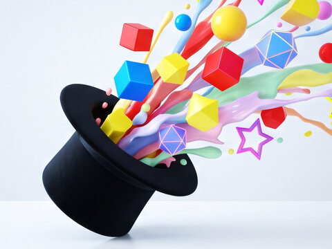 Tilted black magician's top hat bursting with colorful 3D geometric shapes and dynamic paint splashes
