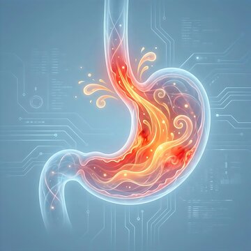 stomach experiencing severe acid reflux (GERD), with an esophagus segment connected. The stomach's interior shows irritation and redness, and stylized, fiery orange "acid" is visibly splashing back up