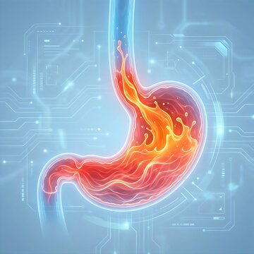 stomach experiencing severe acid reflux (GERD), with an esophagus segment connected. The stomach's interior shows irritation and redness, and stylized, fiery orange "acid" is visibly splashing back up