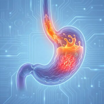 stomach experiencing severe acid reflux (GERD), with an esophagus segment connected. The stomach's interior shows irritation and redness, and stylized, fiery orange "acid" is visibly splashing back up