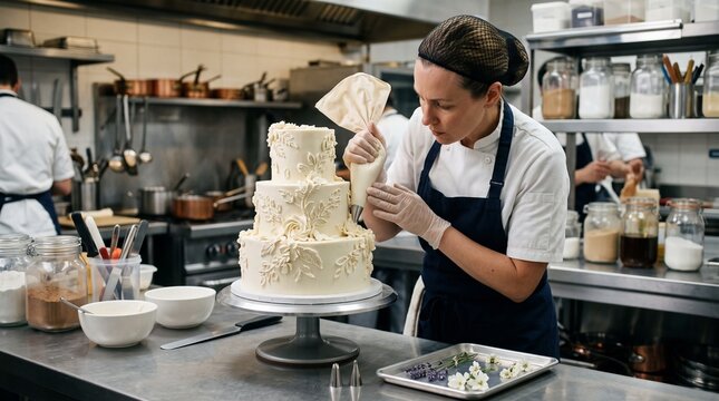 A skilled baker meticulously decorates a multi-tiered white cake with elegant frosting swirls in a professional kitchen environment, showcasing a passion for pastry.