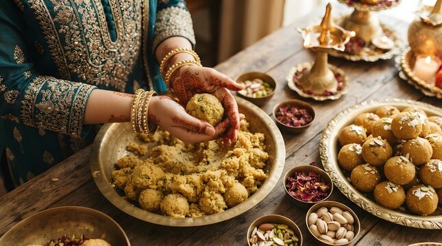 Woman making traditional indian sweets laddus for diwali festival celebration