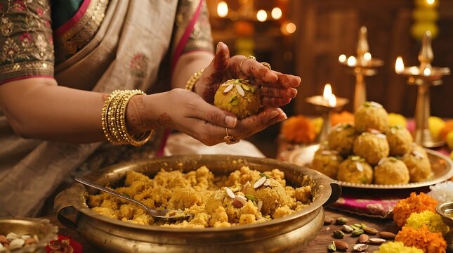 Woman garnishing traditional indian sweets laddus with nuts for diwali festival