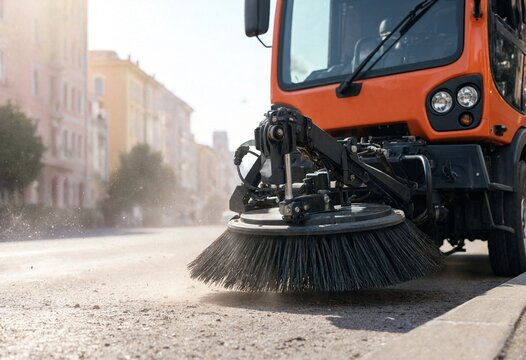 Industrial street sweeper cleaning an urban asphalt road, showcasing municipal sanitation machinery, rotating brushes, dust removal, transportation infrastructure maintenance, efficiency, and public c