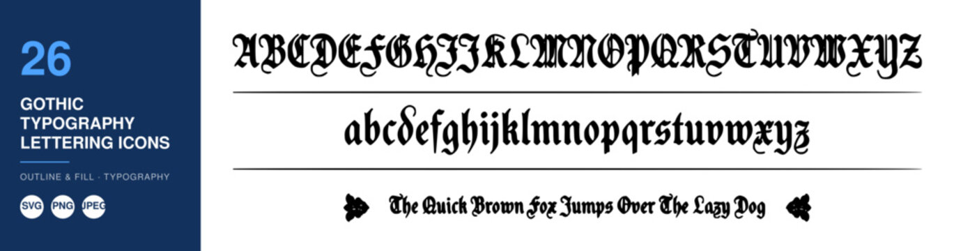 Typography Set Featuring Gothic Style Uppercase and Lowercase Alphabets with a Sample Pangram Text. Featuring Alphabet