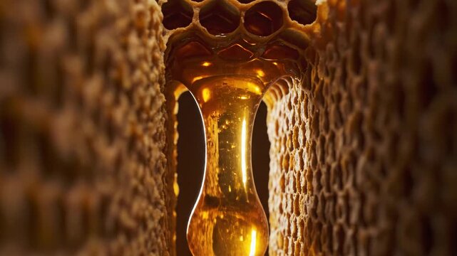 Glowing honey droplet hanging inside a narrow corridor between honeycomb walls, backlit amber core, rough beeswax texture and shallow macro focus creating a warm luminous passage through the hive