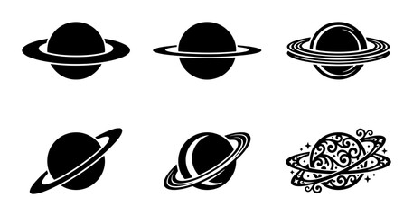 70 Set of 6 Saturn Planet Icons, Cosmic Space Symbols, Astronomical Celestial Orbits, Simple Black Vector Graphics for Science and Astronomy Themes 100 © Parvin