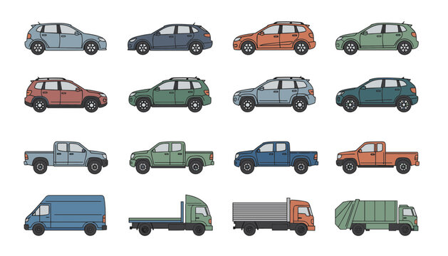 Extensive grid displays sixteen different modern car models including SUVs, pickup trucks, and commercial vans.