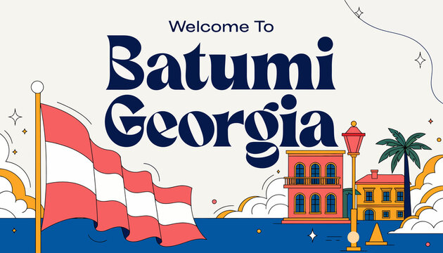 Welcome to Batumi, Georgia - Vibrant Coastal City Illustration with Flag, Buildings, and Palm Tree