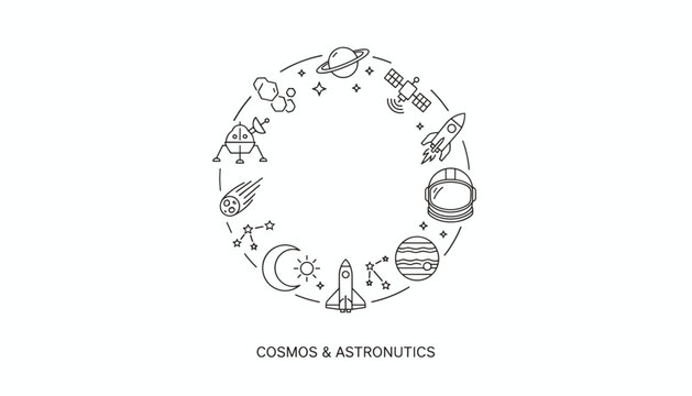 Circular arrangement of outer space and astronautics thin line icons on a clean white background with central copy space.
