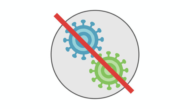Red prohibition cross symbol placed over blue and green virus cells in a grey circle to represent disease defense.
