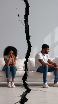 Relationship Divide: A couple sits separated on a couch by a stark, jagged crack, symbolizing the emotional distance and irreparable rift in their relationship.