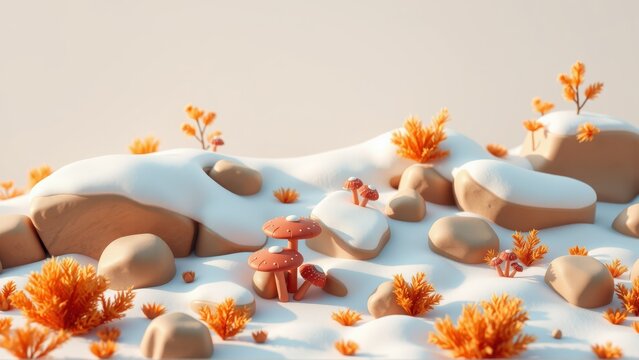 Stylized landscape features snow, rocks, mushrooms, orange bushes. Soft lighting creates calm, dreamy scene. Minimalist design.