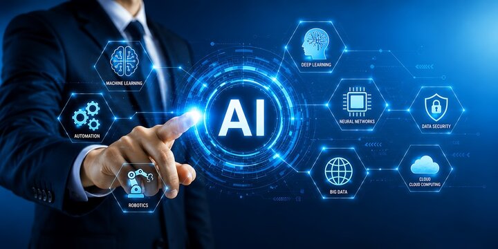 Businessman touching ai artificial intelligence digital interface screen