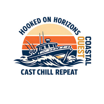 HOOKED ON HORIZONS Retro Travel T-Shirt Graphic with Vintage Fishing Boat Cutting Through Waves