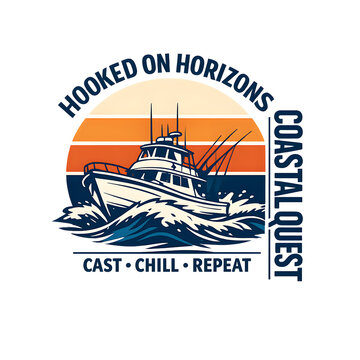 HOOKED ON HORIZONS Retro Travel T-Shirt Graphic with Vintage Fishing Boat Cutting Through Waves