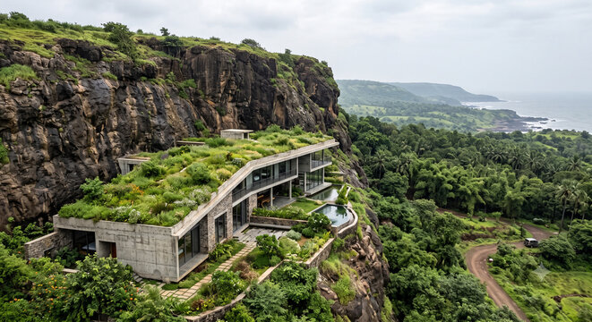 Sustainable modern home integrated into rocky cliffside