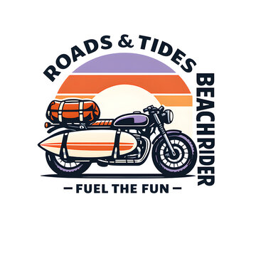 ROADS & TIDES Retro Travel T-Shirt Graphic with Custom Cafe Racer Motorcycle Carrying Surfboards