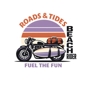 ROADS & TIDES Retro Travel T-Shirt Graphic with Custom Cafe Racer Motorcycle Carrying Surfboards