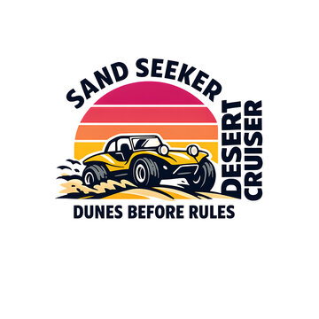 SAND SEEKER Retro Travel T-Shirt Graphic with Yellow Dune Buggy Racing Across Sand