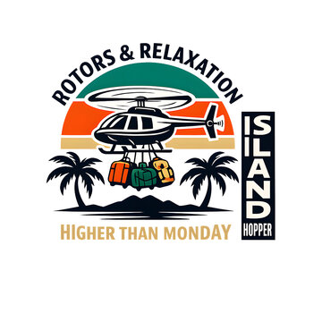 ROTORS & RELAXATION Retro Travel T-Shirt Graphic with Tropical Island Helicopter Above Palm Trees