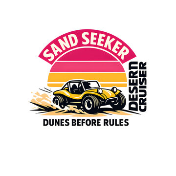 SAND SEEKER Retro Travel T-Shirt Graphic with Yellow Dune Buggy Racing Across Sand