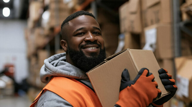 Warehouse worker holding a box: A smiling warehouse worker, wearing an orange safety vest and gloves, holds a cardboard box as he works amongst stacks of inventory.