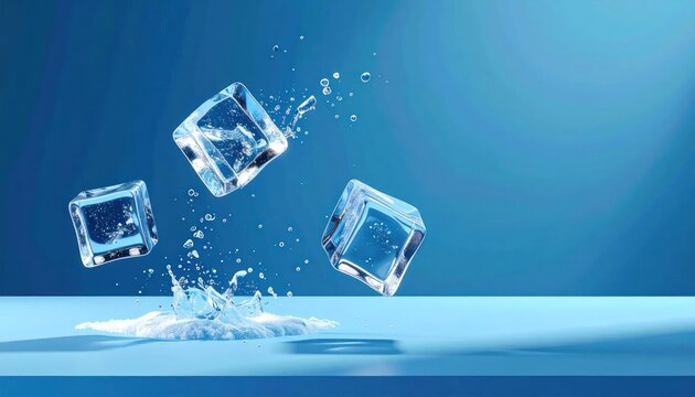 Three ice cubes splashing on blue surface with water droplets