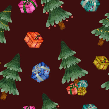 Watercolor christmas trees and gift boxes seamless pattern