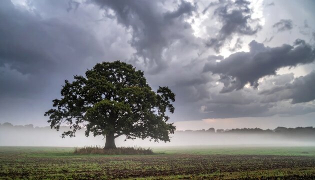 Solitary oak tree in misty rural field under stormy sky