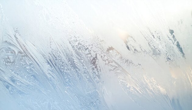 Intricate frost patterns on glass in bright morning light